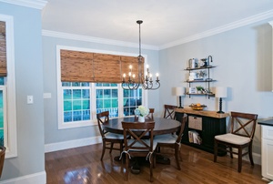 A home with window treatments.