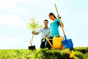 Cheerful young couple planting a tree.