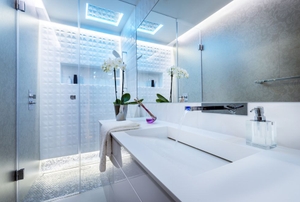 modern bathroom with frameless shower doors