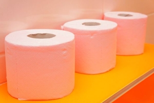 toilet paper rolls on an orange shelf