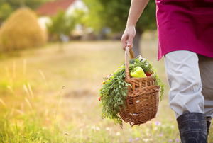 A woman holding a basket with vegetables on a grassy lawn.