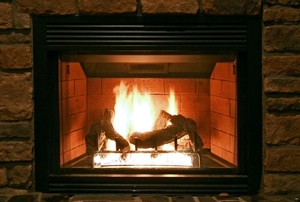 A wood-burning fireplace with a stone hearth.
