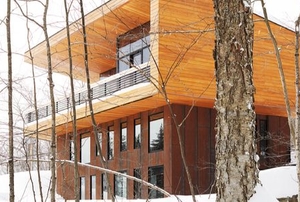 modern wood house in snowy forest