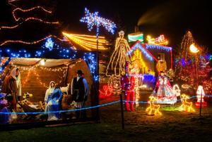 A house with a large and intricate array of Christmas decorations outside it.