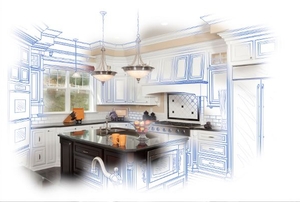 A dream kitchen with architectural plans surrounding it.