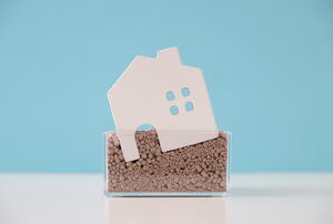 A small plastic house sinking into the ground.