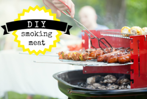 A bbq with hot dogs and the phrase, "DIY: smoking meat."