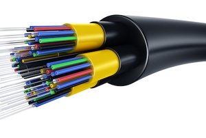 A fiber optic cable on a white background.