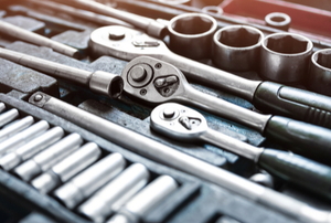 organized tool box with wrenches