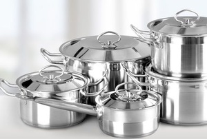 aluminum pots and pans on kitchen countertop
