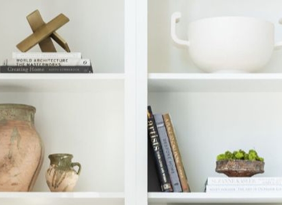 styled built-in with various items like books and baskets