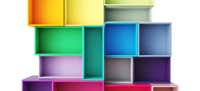 a group of brightly colored open cupboards