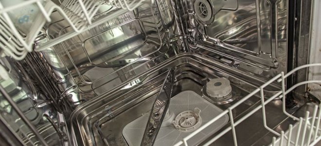 The inside of an empty dishwasher.