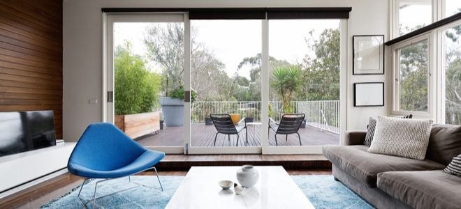 Living room with large sliding glass doors