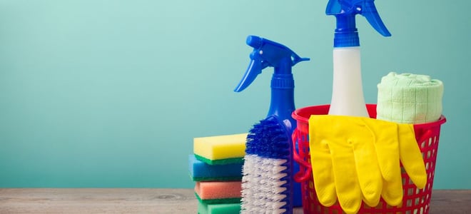 bucket, gloves, and other cleaning supplies