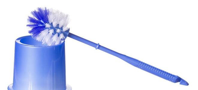 A blue toilet brush leaning against its holder. 