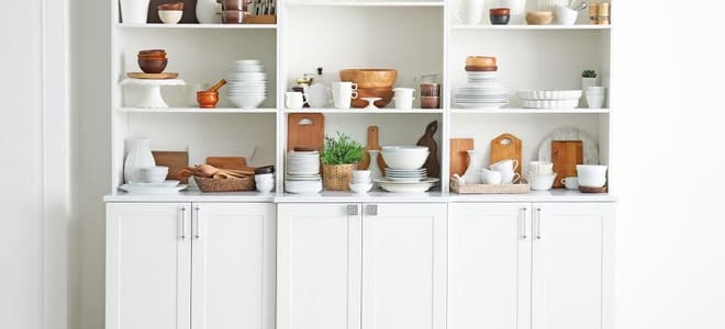 White open shelving in a kitchen. 