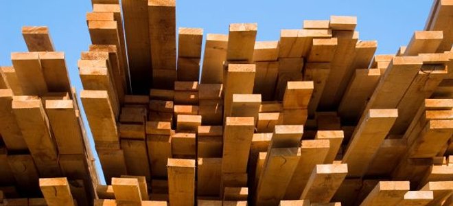 A large pile of long wood planks.