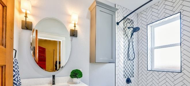 A bathroom with a shower.