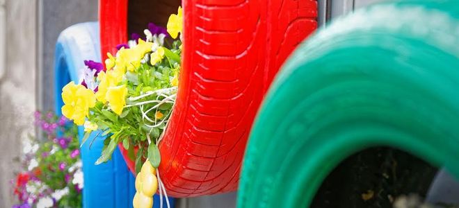 A trio of brightly painted tires hanging on a fence with flowers planted in them.