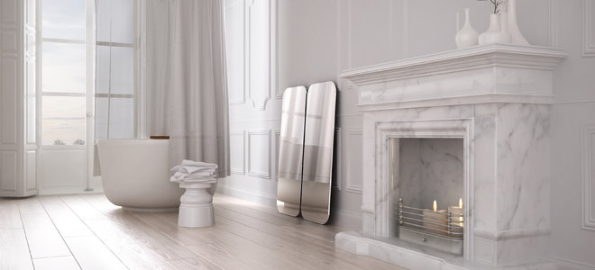 A marble fireplace.