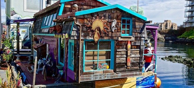 decorated houseboat on the water