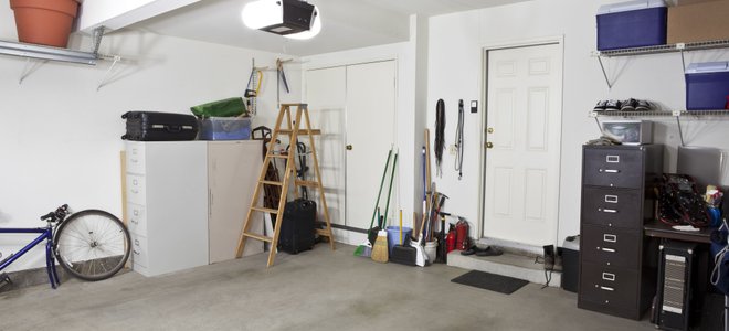 A garage with concrete floors.