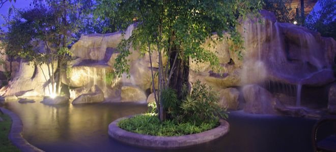 A lit up pond feature.