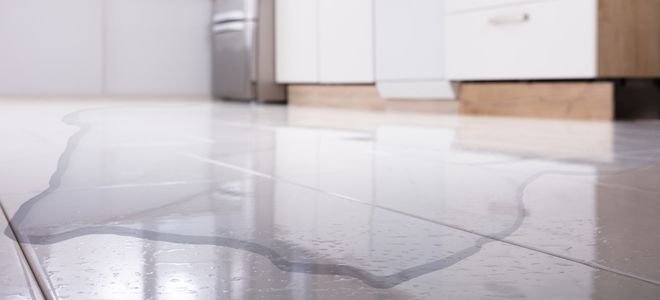 leaking puddle in kitchen near refrigerator