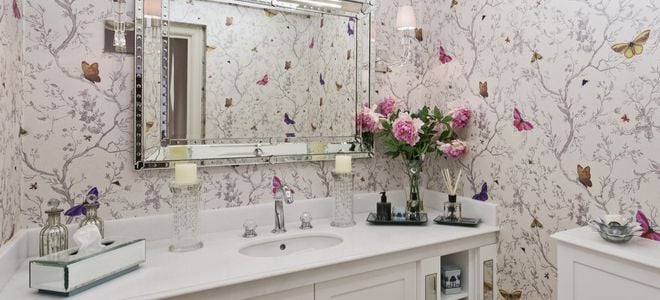 natural wallpaper with butterflies in bathroom