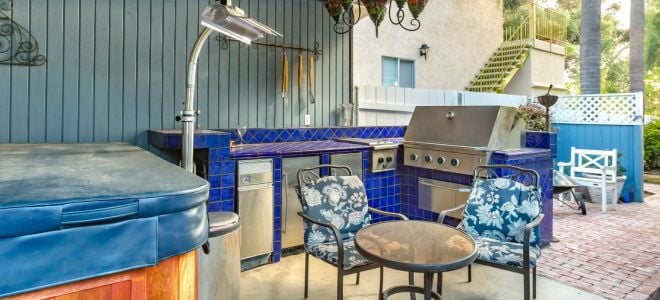 outdoor kitchen with blue design