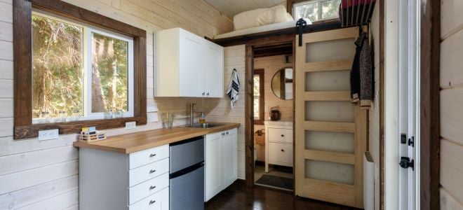 tiny home kitchen with cabinets