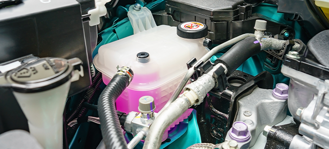 A coolant tank under the hood of a car