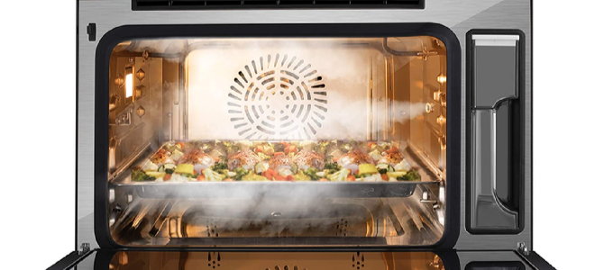 steam oven cooking a rack of vegetables