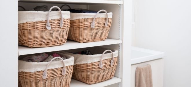 bathroom shelving with baskets