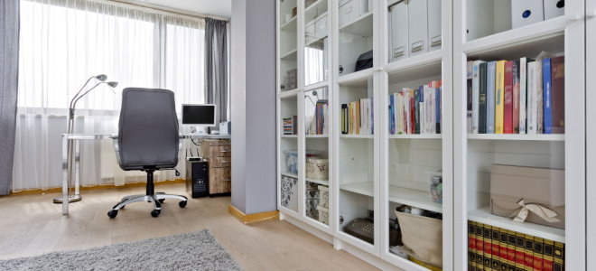 home office with glass closet doors
