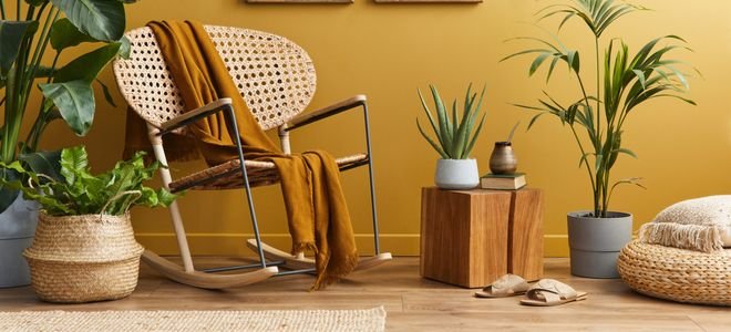 wood cube in home space with natural colors and indoor plants