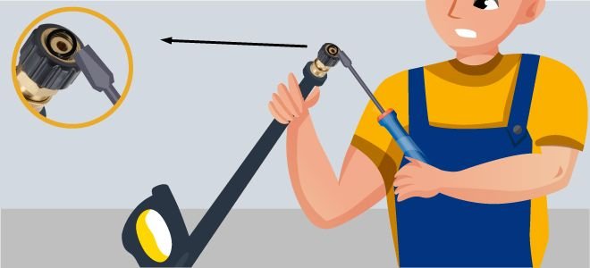 Man using a screwdriver to remove a electric pressure washer&rsquo;s O-ring