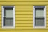 House with yellow aluminum siding and two windows