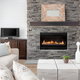 modern living room with stone fireplace