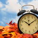 An alarm clock sitting in a pile of autumn leaves.