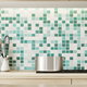 a bright green tile kitchen backsplash