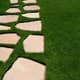Stepping stones across a lawn.