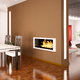 A two-sided fireplace blazes in a modern home.