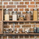 shelves along a kitchen wall