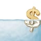 A gold dollar sign floating in a pool of water. 