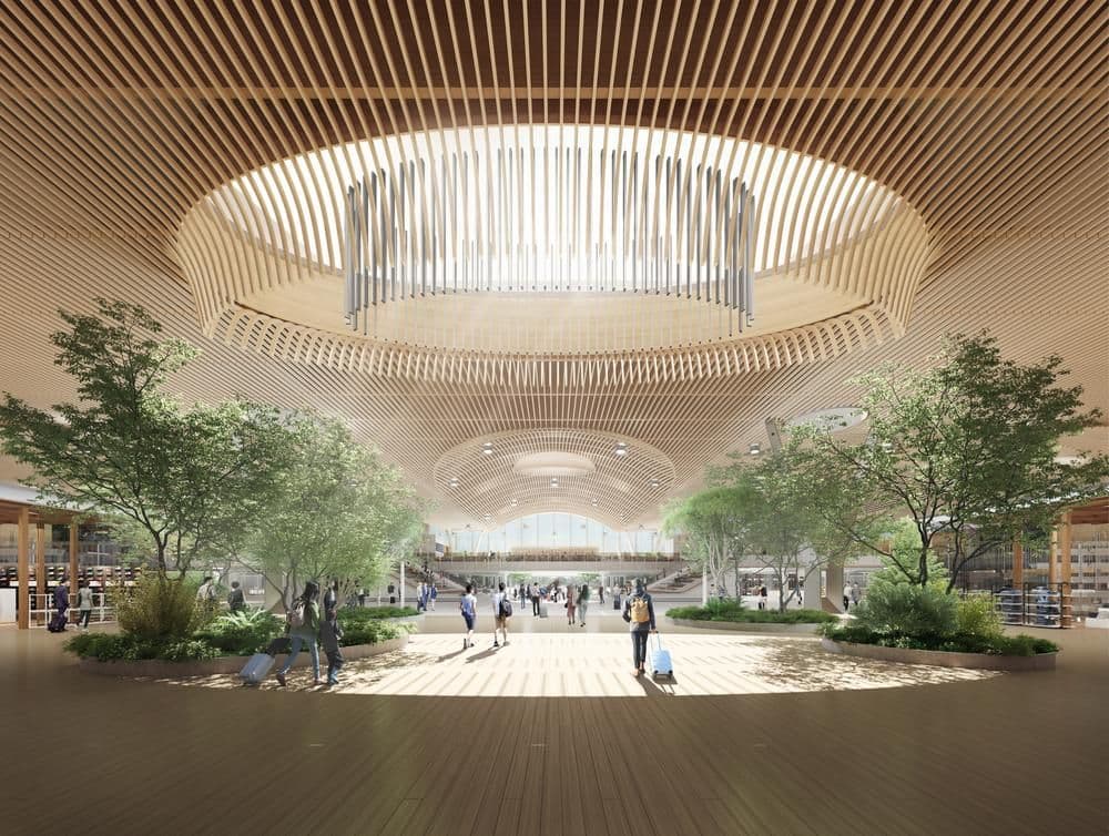 When complete, the Portland International Airport's sustainably-built main terminal with feature lots of timber, greenery, and natural light.
