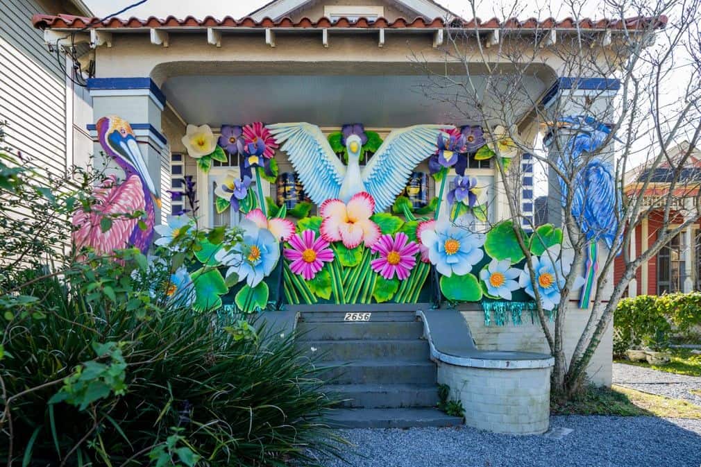 A Birds of Bulbancha-themed house float created as a form of COVID-safe Mardi Gras celebration in 2021.