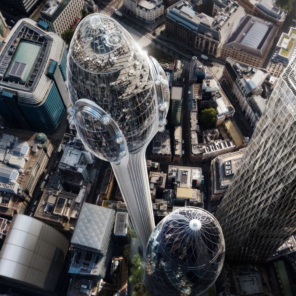 Aerial view of the Foster + Partners-designed Tulip Tower in London's financial district.