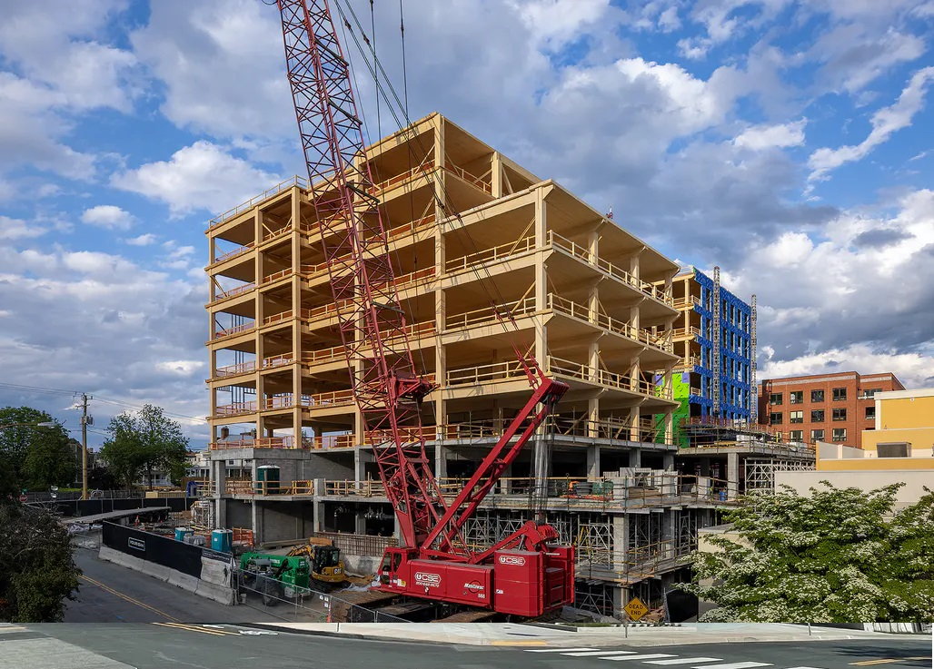 The mass timber Apex Plaza under construction in Charlottesville, Virginia. 
